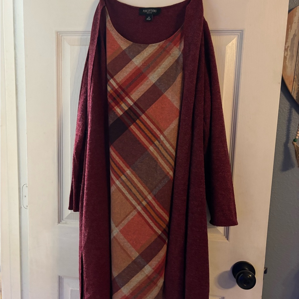 Perceptions Burgundy and Plaid Long Sleeve Dress